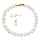 14k 4-5mm White Freshwater Cultured Pearl Pendant, 5 inch Bracelet and Post Earrings Set