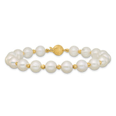 14k 8-9mm White Near-Round Freshwater Cultured Pearl and Diamond-cut Beaded 7.5 inch Bracelet