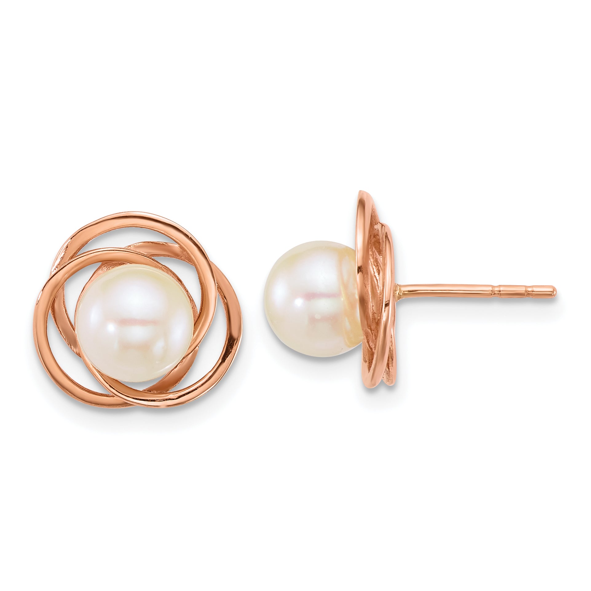 14k Rose Gold Polished 6-7mm Round White South Sea Saltwater Cultured Pearl Love Knot Post Earrings