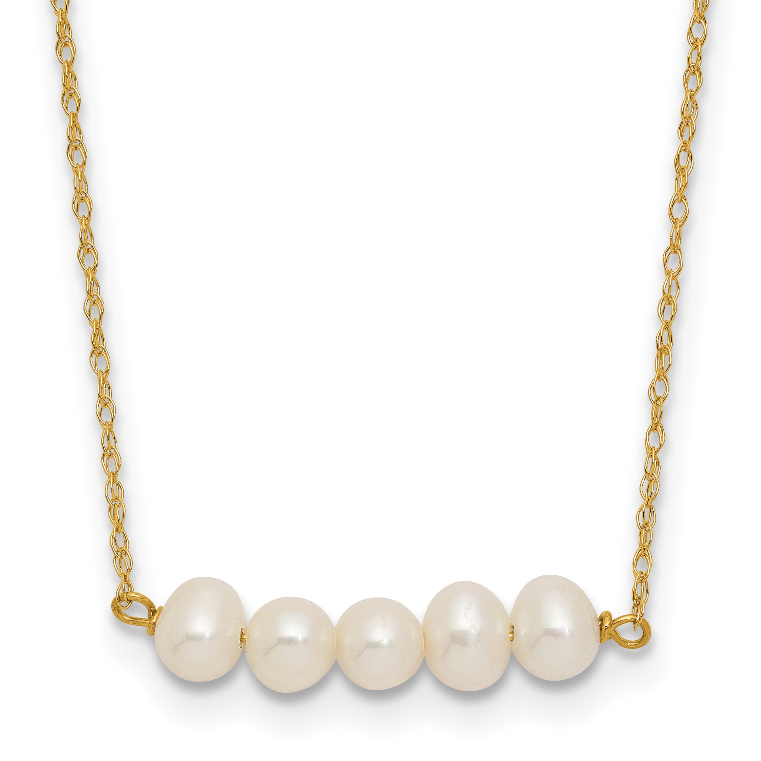 14k Polished 4-5mm Semi-Round White Freshwater Cultured 5-Pearl Bar 19.5 inch Necklace