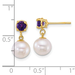 14k Polished 7-8mm Round White Freshwater Cultured Pearl and Garnet Dangle Post Earrings