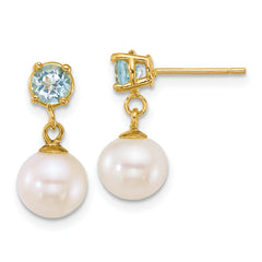 14k Polished 7-8mm Round White Freshwater Cultured Pearl and Blue Topaz Dangle Post Earrings