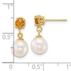 14k Polished 7-8mm Round White Freshwater Cultured Pearl and Citrine Dangle Post Earrings