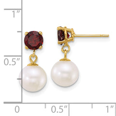 14k Polished 7-8mm Round White Freshwater Cultured Pearl and Garnet Dangle Post Earrings