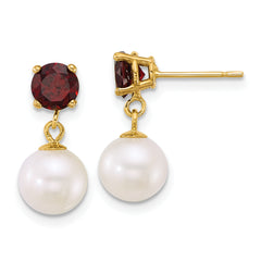 14k Polished 7-8mm Round White Freshwater Cultured Pearl and Garnet Dangle Post Earrings