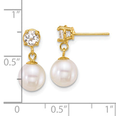 14k Polished 7-8mm Round White Freshwater Cultured Pearl and White Topaz Dangle Post Earrings
