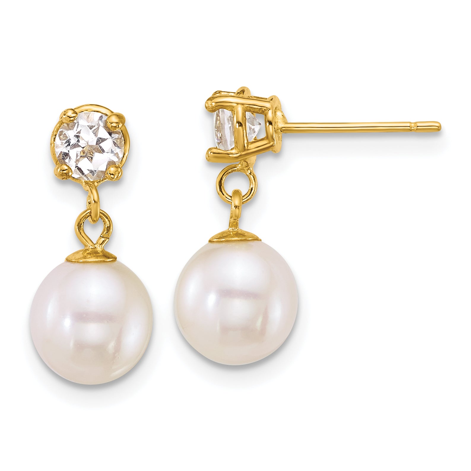 14k Polished 7-8mm Round White Freshwater Cultured Pearl and White Topaz Dangle Post Earrings