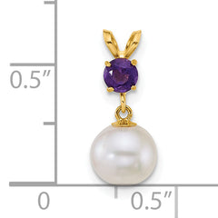 14k Polished 7-8mm Round White Freshwater Cultured Pearl Dangle and Amethyst Pendant