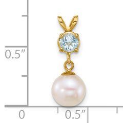 14k Polished 7-8mm Round White Freshwater Cultured Pearl Dangle and Blue Topaz Pendant
