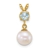 14k Polished 7-8mm Round White Freshwater Cultured Pearl Dangle and Blue Topaz Pendant