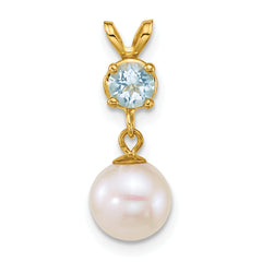 14k Polished 7-8mm Round White Freshwater Cultured Pearl Dangle and Blue Topaz Pendant