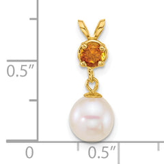14k Polished 7-8mm Round White Freshwater Cultured Pearl Dangle and Citrine Pendant