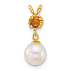 14k Polished 7-8mm Round White Freshwater Cultured Pearl Dangle and Citrine Pendant