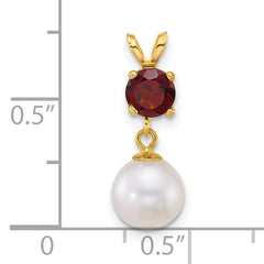 14k Polished 7-8mm Round White Freshwater Cultured Pearl Dangle and Garnet Pendant