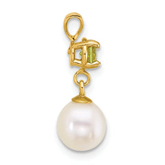 14k Polished 7-8mm Round White Freshwater Cultured Pearl Dangle and Peridot Pendant