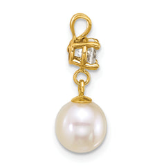 14k Polished 7-8mm Round White Freshwater Cultured Pearl Dangle and White Topaz Pendant