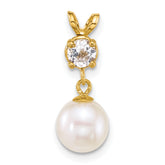 14k Polished 7-8mm Round White Freshwater Cultured Pearl Dangle and White Topaz Pendant