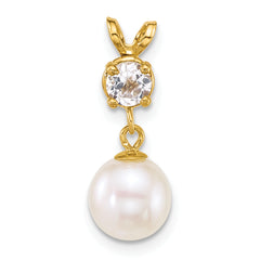 14k Polished 7-8mm Round White Freshwater Cultured Pearl Dangle and White Topaz Pendant
