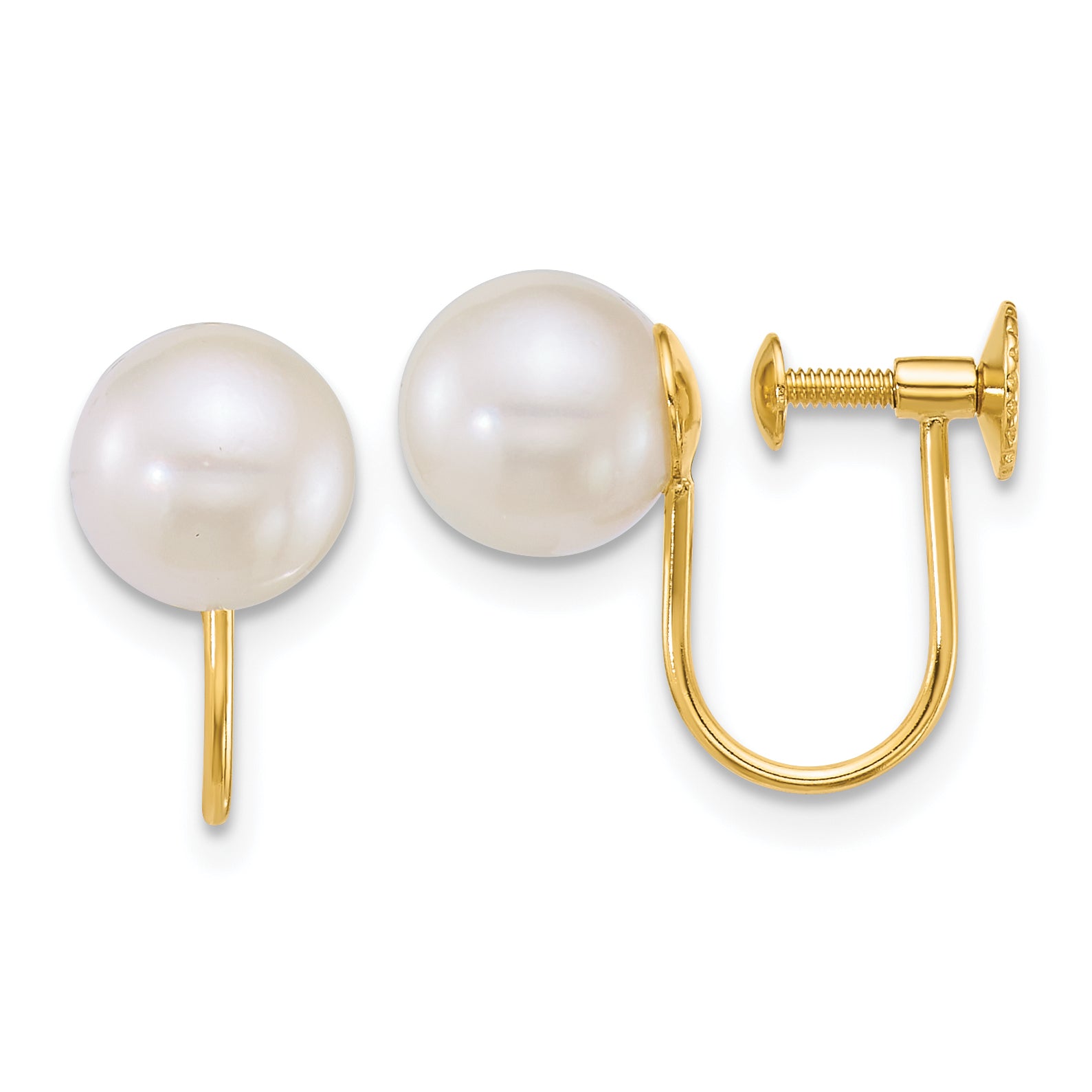 14k Polished 7-8mm Round Akoya Saltwater Cultured Pearl Non-Pierced Earrings