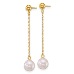 14k Polished 6.5-7mm White Round Akoya Saltwater Cultured Pearl Chain Dangle Post Earrings