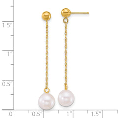 14k Polished 6.5-7mm White Round Akoya Saltwater Cultured Pearl Chain Dangle Post Earrings