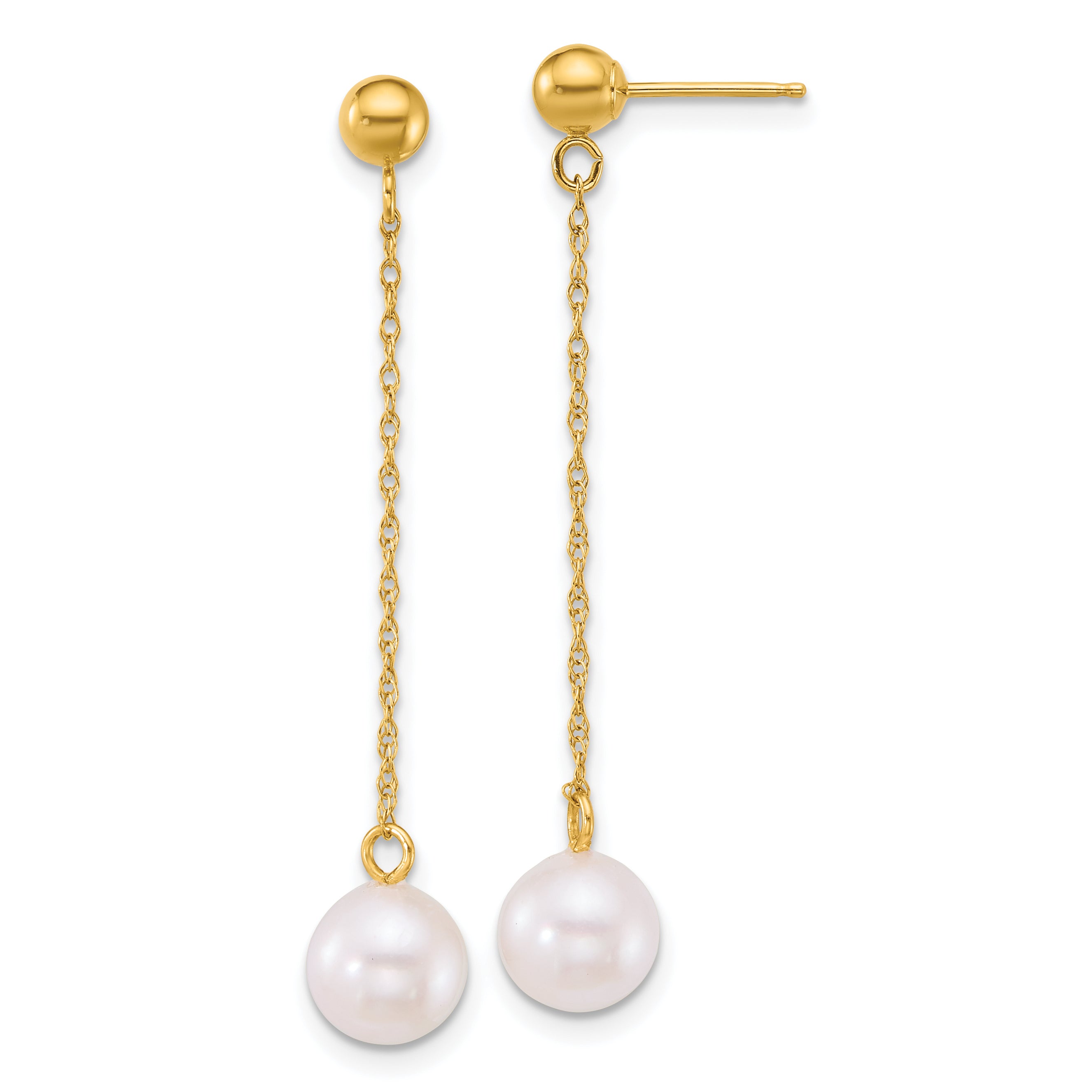14k Polished 6.5-7mm White Round Akoya Saltwater Cultured Pearl Chain Dangle Post Earrings