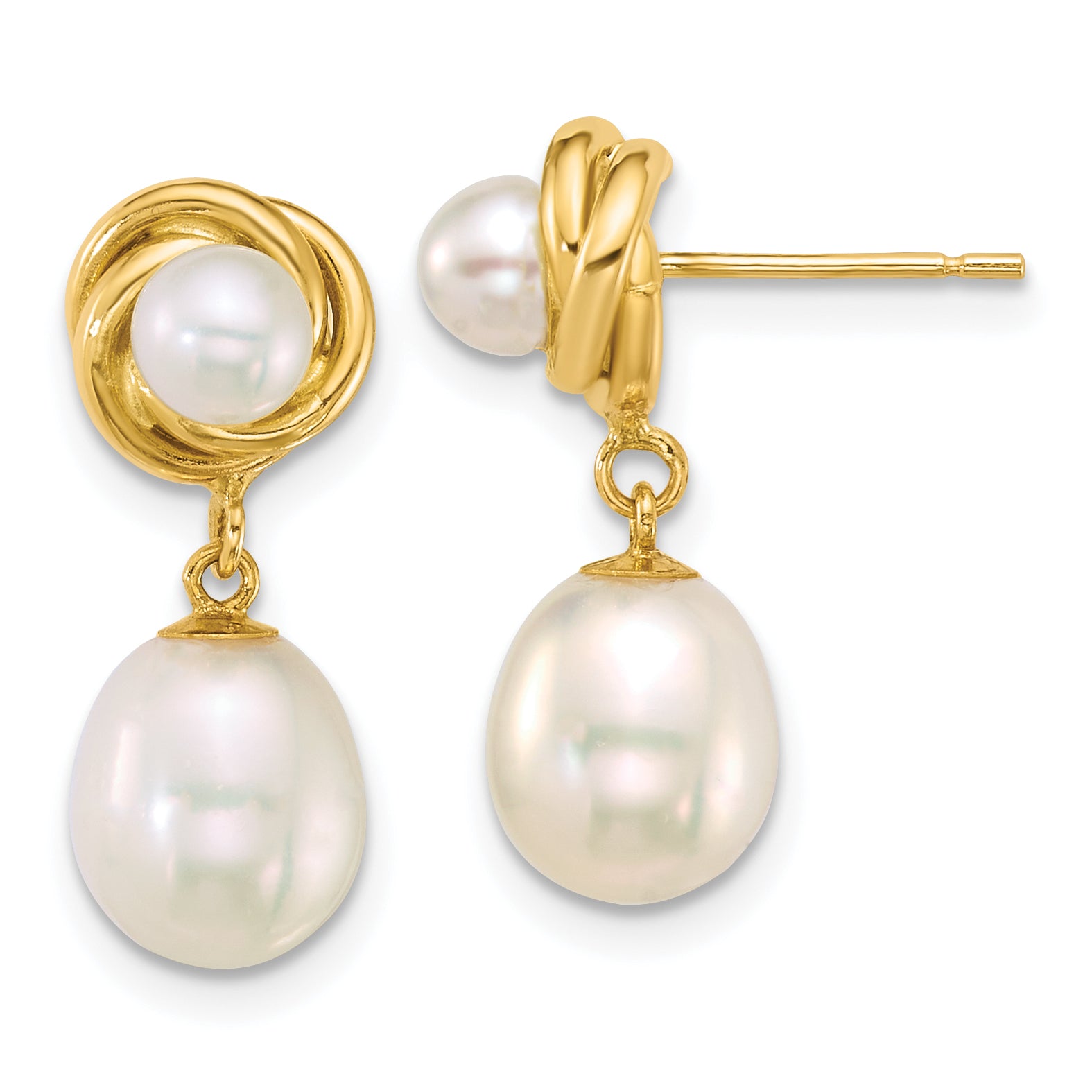 14k Polished 4-5mm Button and 7-8mm Rice White Freshwater Cultured Pearl Dangle Post Earrings
