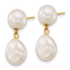14k Polished 7-10mm Baroque White Freshwater Cultured Pearl Dangle Post Earrings