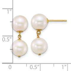 14k Polished 7-8mm Round White Freshwater Cultured 2-Pearl Dangle Post Earrings