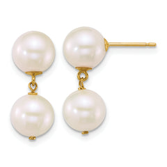 14k Polished 7-8mm Round White Freshwater Cultured 2-Pearl Dangle Post Earrings