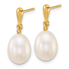 14k Polished 8-9mm Rice White Freshwater Cultured Pearl Dangle Post Earrings