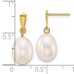 14k Polished 8-9mm Rice White Freshwater Cultured Pearl Dangle Post Earrings