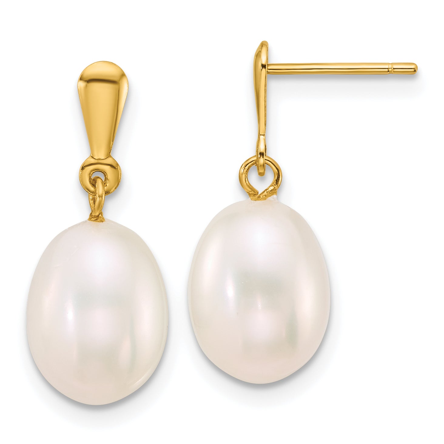 14k Polished 8-9mm Rice White Freshwater Cultured Pearl Dangle Post Earrings