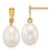 14k Polished 8-9mm Rice White Freshwater Cultured Pearl Dangle Post Earrings