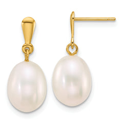 14k Polished 8-9mm Rice White Freshwater Cultured Pearl Dangle Post Earrings