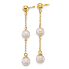 14k Polished 5-6mm Round White Freshwater Cultured 2-Pearl and Chain Dangle Post Earrings