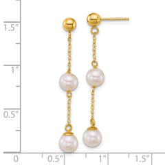14k Polished 5-6mm Round White Freshwater Cultured 2-Pearl and Chain Dangle Post Earrings
