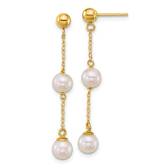 14k Polished 5-6mm Round White Freshwater Cultured 2-Pearl and Chain Dangle Post Earrings