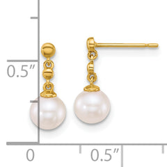 14k Polished 6-7mm White Round Freshwater Cultured Pearl Dangle Post Earrings