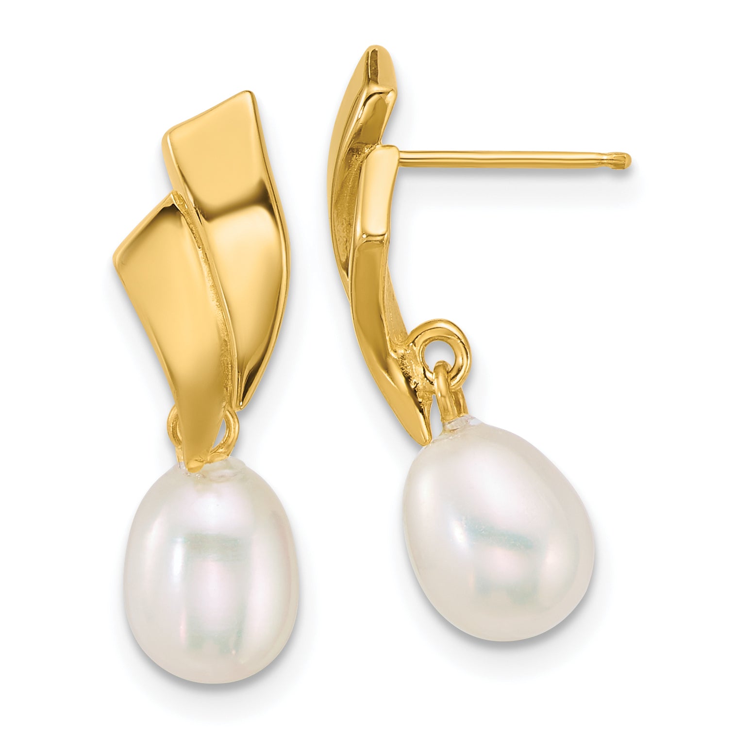 14k Polished 5-7mm Teardrop White Freshwater Cultured Pearl Dangle Post Earrings