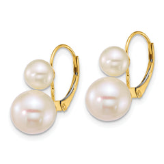 14k Polished 6-9mm Round White Freshwater Cultured 2-Pearl Leverback Earrings