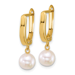 14k Polished 7-8mm Round White Freshwater Cultured Pearl Dangle Hoop Earrings