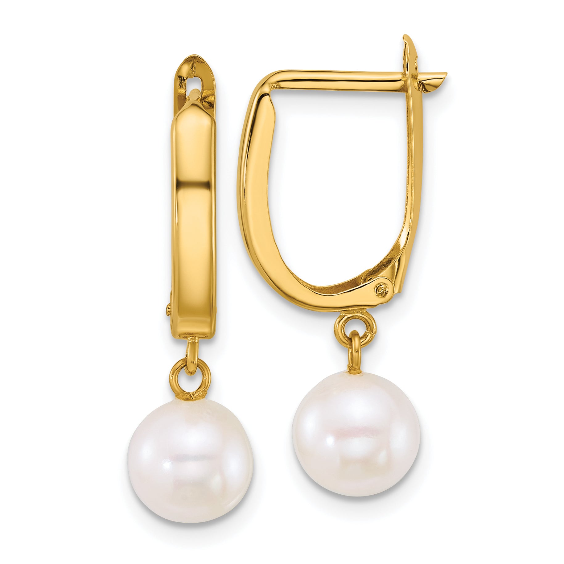 14k Polished 7-8mm Round White Freshwater Cultured Pearl Dangle Hoop Earrings