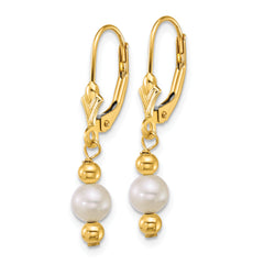 14k Polished 5-6mm Round White Freshwater Cultured Pearl Dangle Leverback Earrings