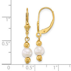 14k Polished 5-6mm Round White Freshwater Cultured Pearl Dangle Leverback Earrings