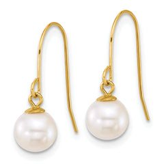 14k Polished 6-7mm Round White Freshwater Culture Pearl Dangle Shepherd Hook Earrings