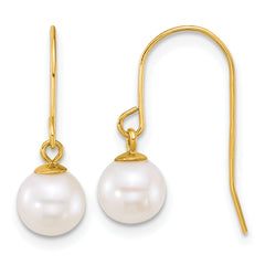 14k Polished 6-7mm Round White Freshwater Culture Pearl Dangle Shepherd Hook Earrings