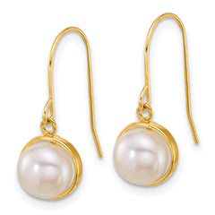 14k Polished 6-7mm Button White Freshwater Cultured Pearl Dangle Shepherd Hook Earrings