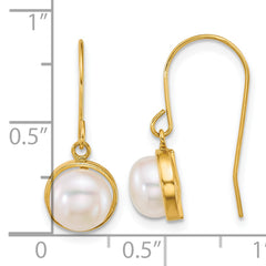 14k Polished 6-7mm Button White Freshwater Cultured Pearl Dangle Shepherd Hook Earrings