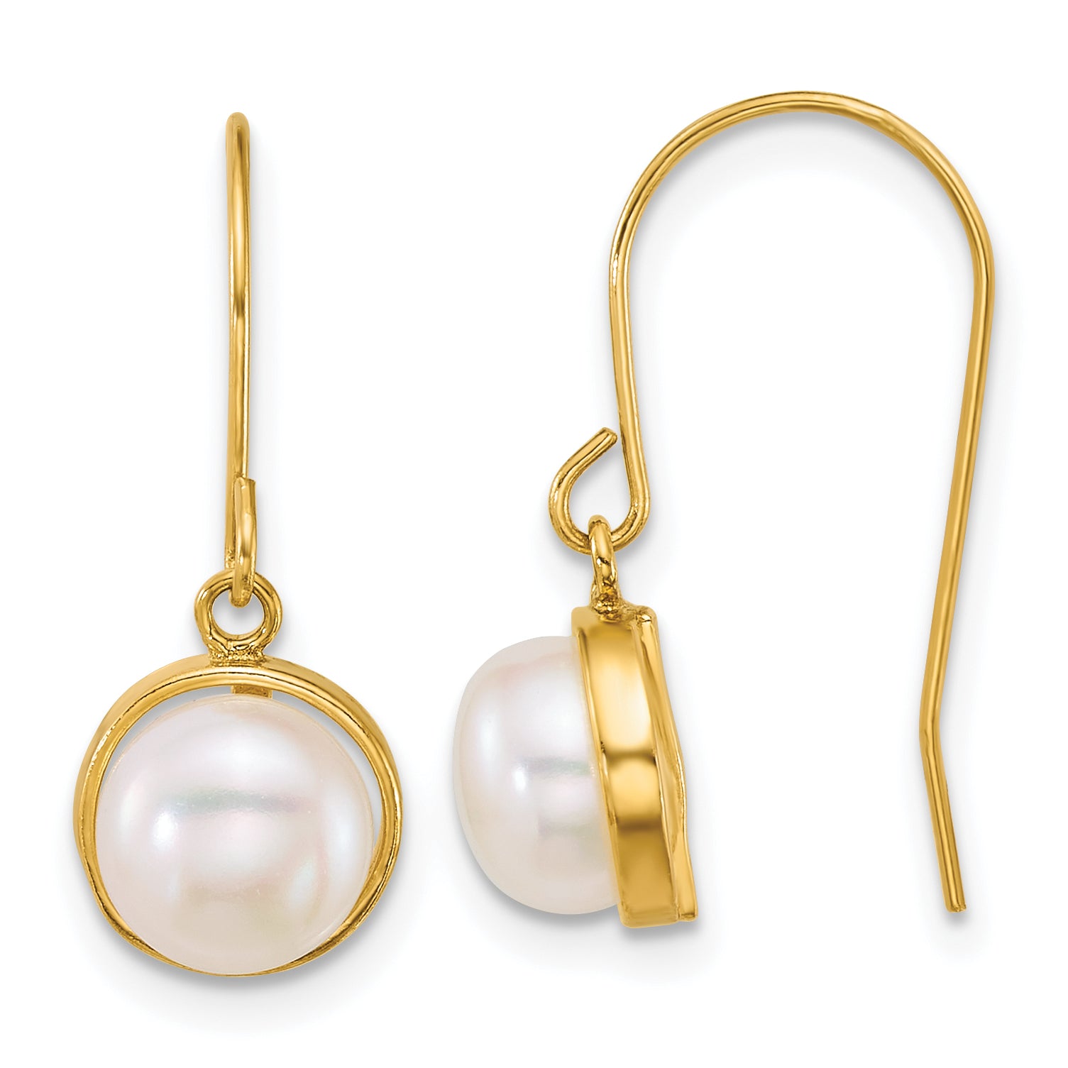 14k Polished 6-7mm Button White Freshwater Cultured Pearl Dangle Shepherd Hook Earrings